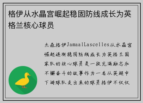 格伊从水晶宫崛起稳固防线成长为英格兰核心球员