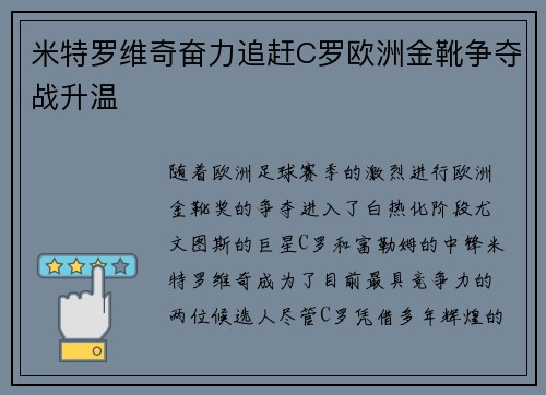 米特罗维奇奋力追赶C罗欧洲金靴争夺战升温 米特罗维奇奋力追赶C罗欧洲金靴争夺战升温
